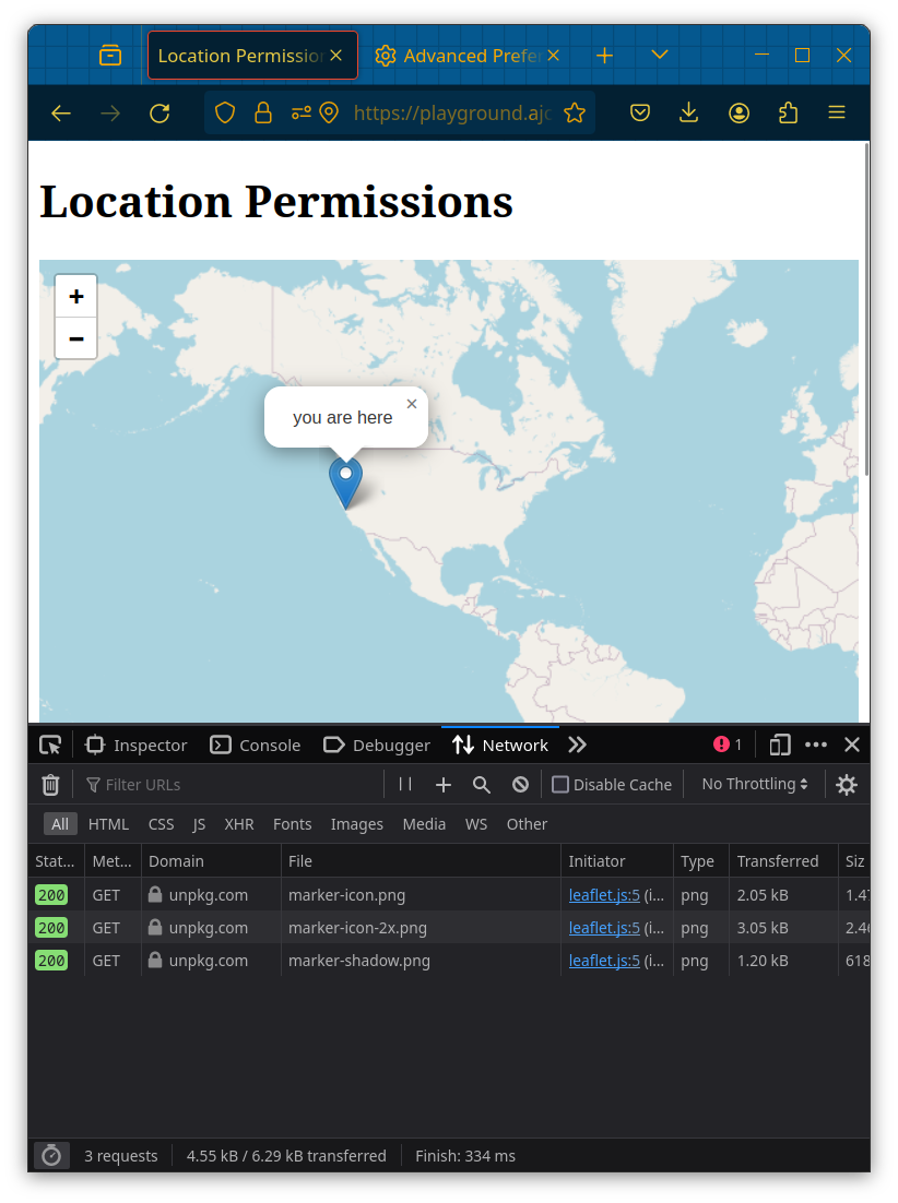 Developer Tools screenshot showing no http requests to any API after clicking 'Allow' on the Location Services pop-up