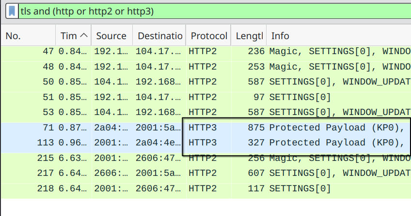 Wireshark screenshot showing HTTP/3 packets