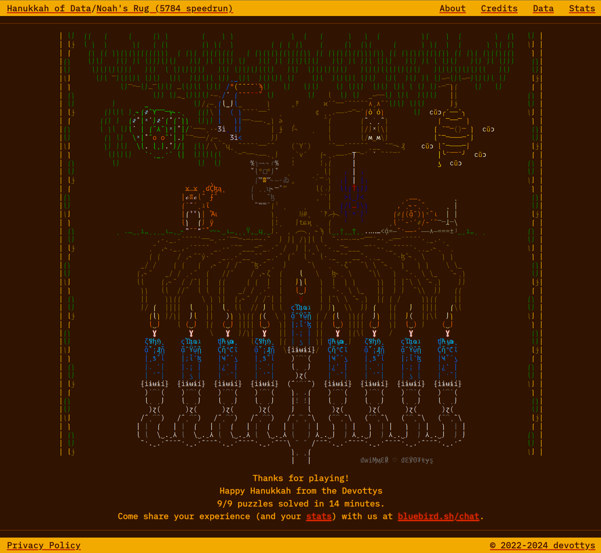 ASCII art of Noah's Rug, a beautiful tapestry that includes all kinds of animals and insects, hung over a fully lit menorah